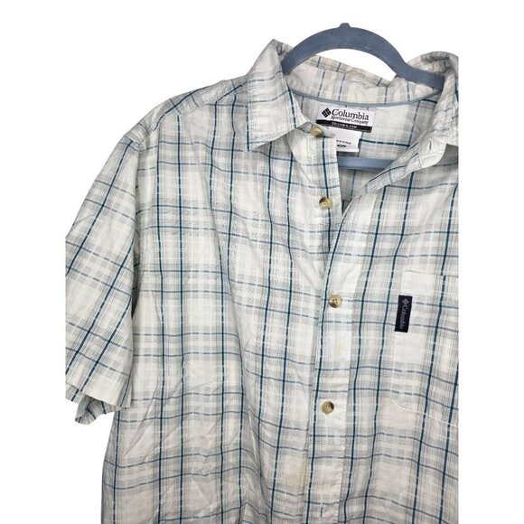 Columbia Mens XL White Blue Cotton Short Sleeve Button Fishing Hiking Shirt - Picture 8 of 16